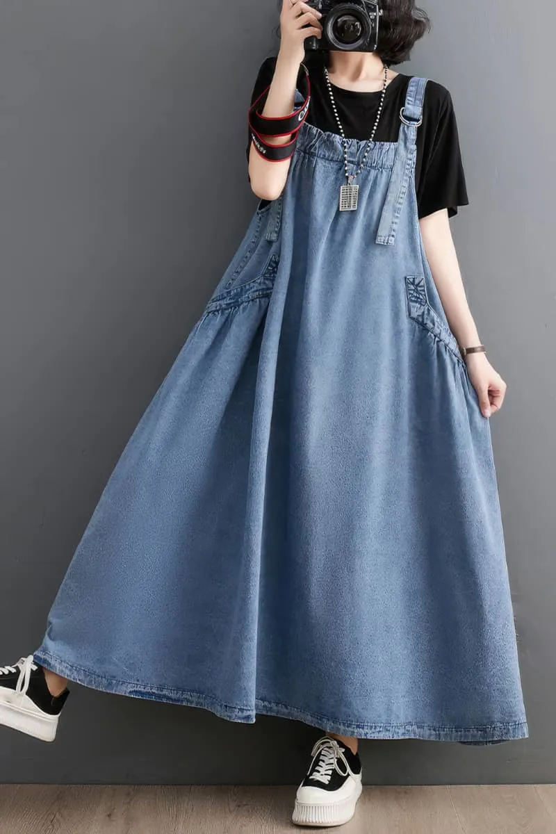 Loose-Fitting Denim Overall Dress with Flared Hem