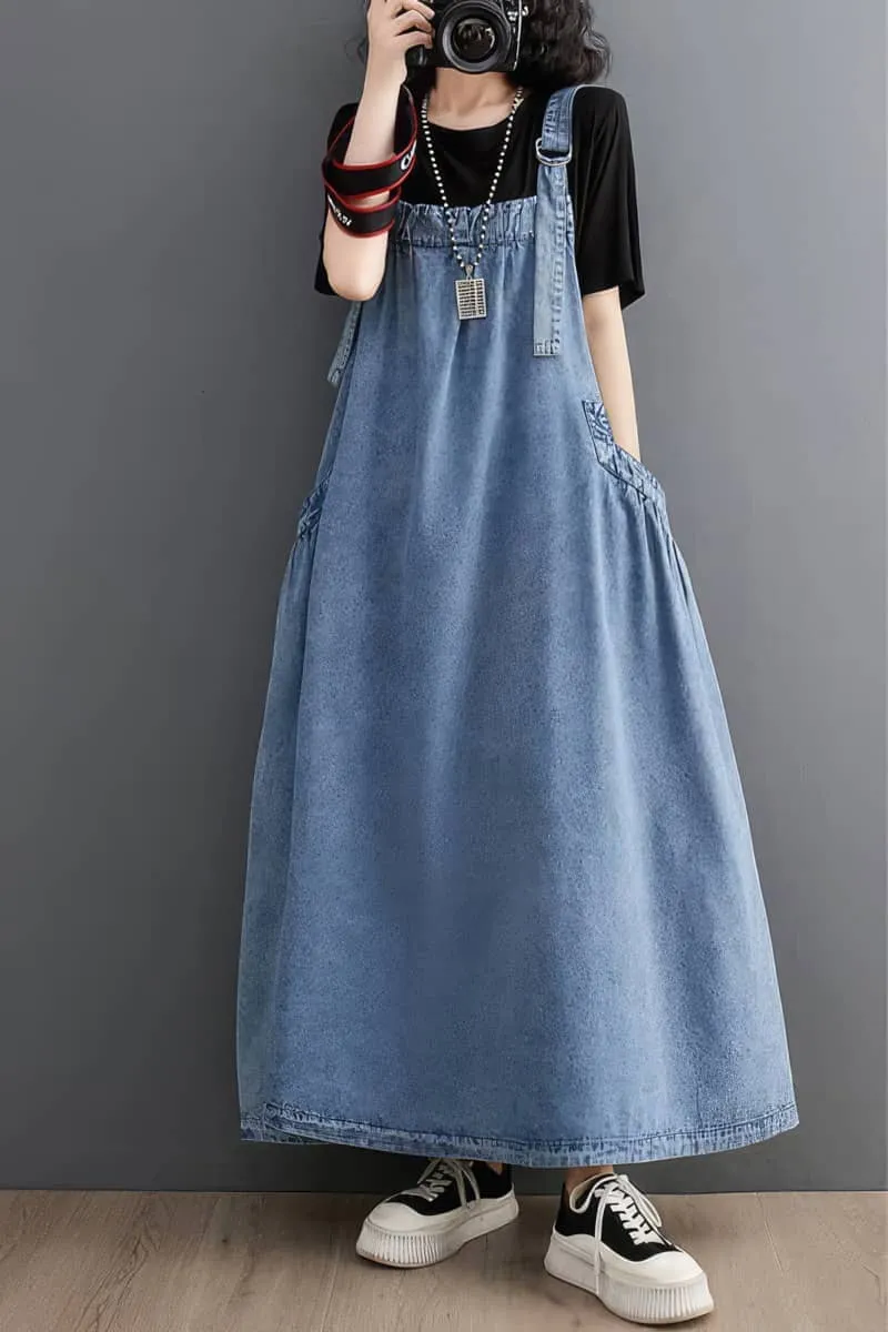 Loose-Fitting Denim Overall Dress with Flared Hem