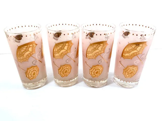 Mid-Century Pink & 22-Karat Gold Umbrella Mary Poppins Highball Glasses (Set of 4)