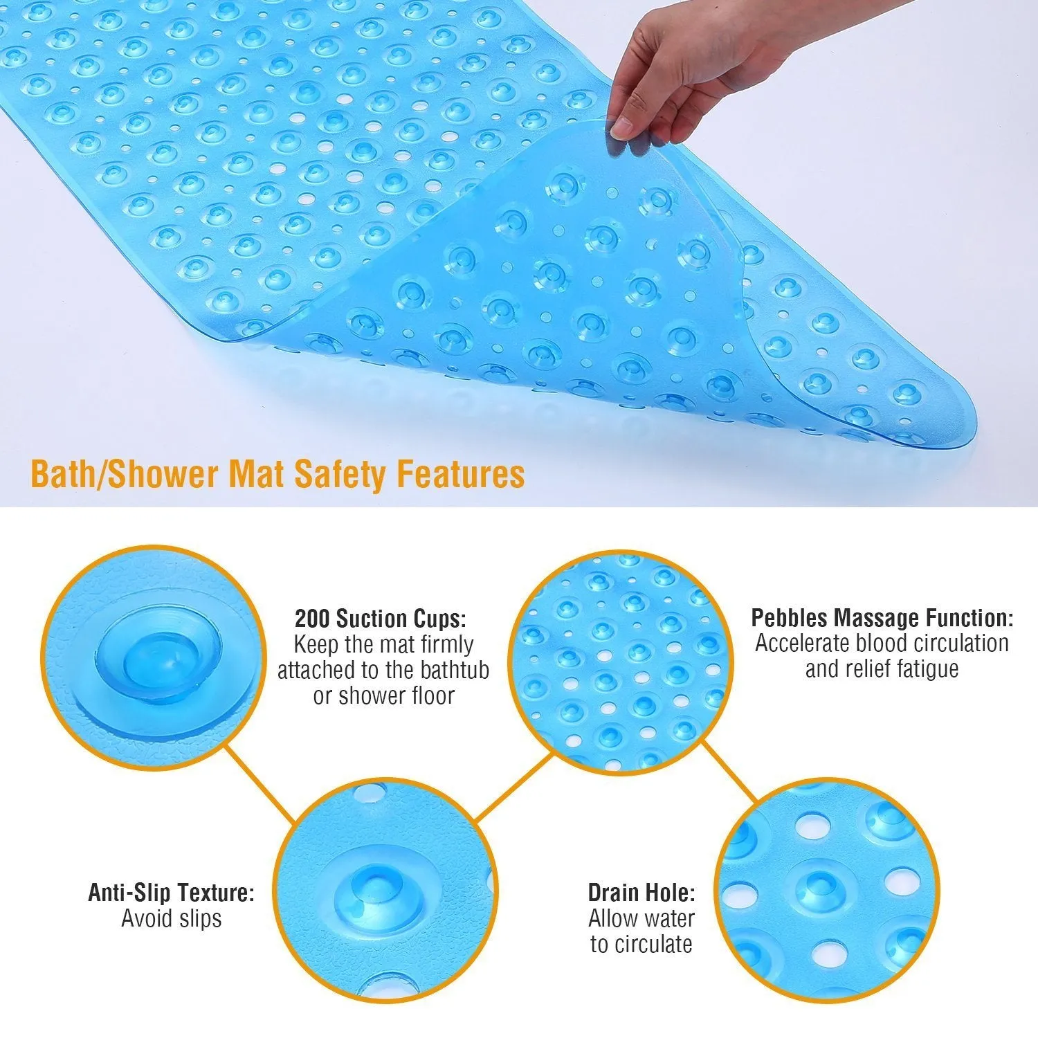 Non Slip Shower Mat Massage Anti-Bacterial with Suction Cups