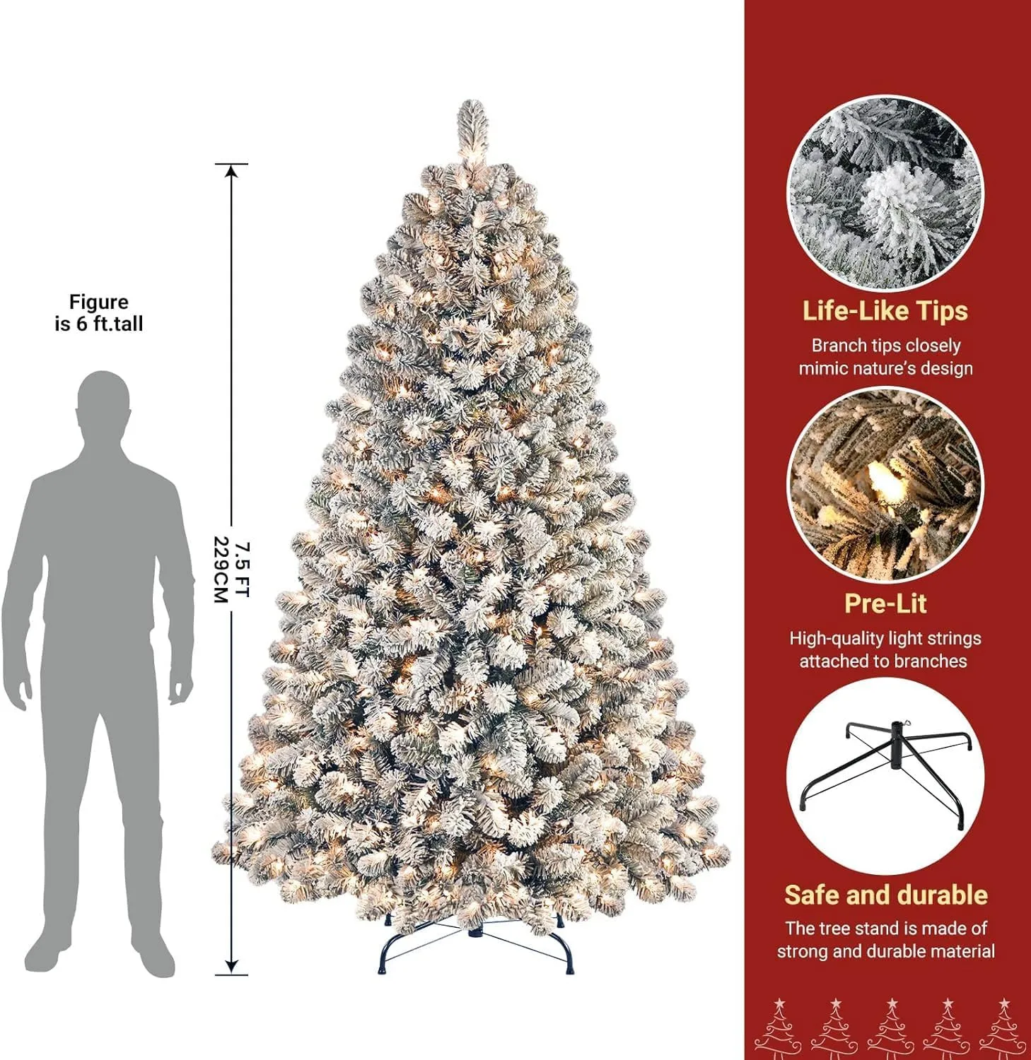 Pre-lit Warm White Lights Snow Flocked Artificial Hinged Christmas Xmas Trees-White