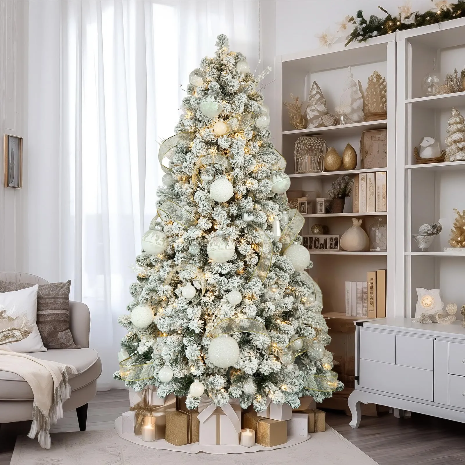 Pre-lit Warm White Lights Snow Flocked Artificial Hinged Christmas Xmas Trees-White