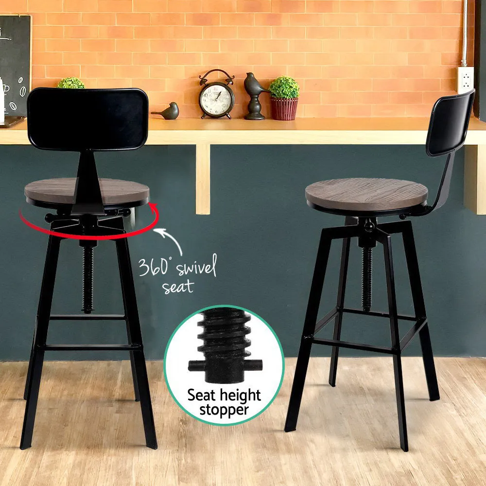 Set of 2 Rustic Industrial Style Metal Bar Stool - Black and Wood