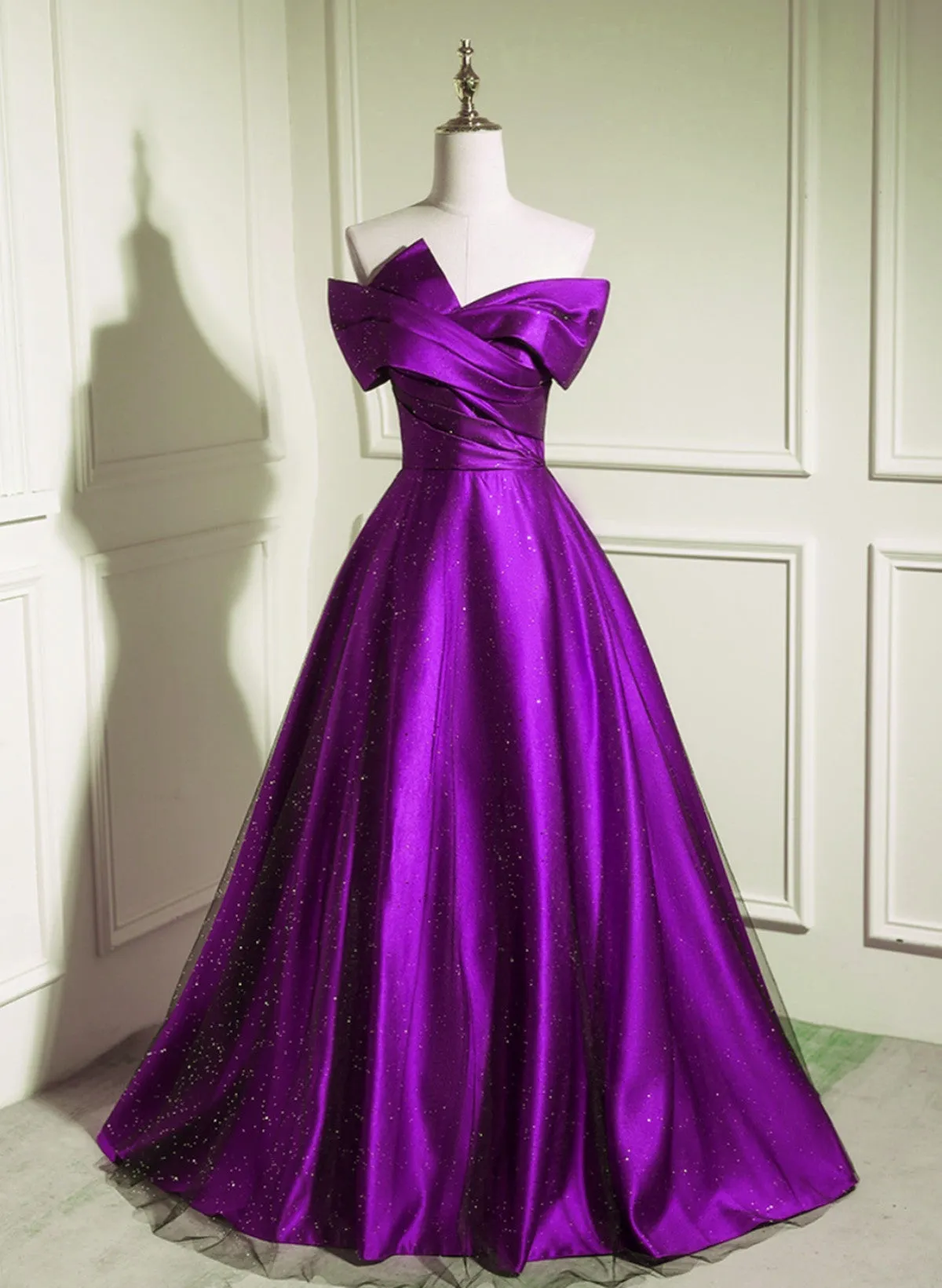 Solvbao A-line Off Shouolder Black and Purple Satin Party Dress, Long Prom Dress