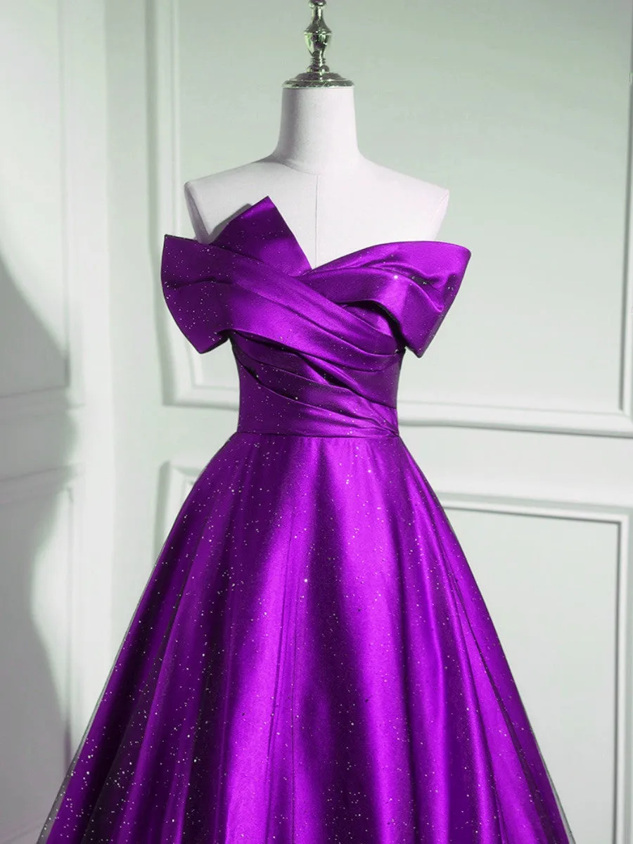 Solvbao A-line Off Shouolder Black and Purple Satin Party Dress, Long Prom Dress