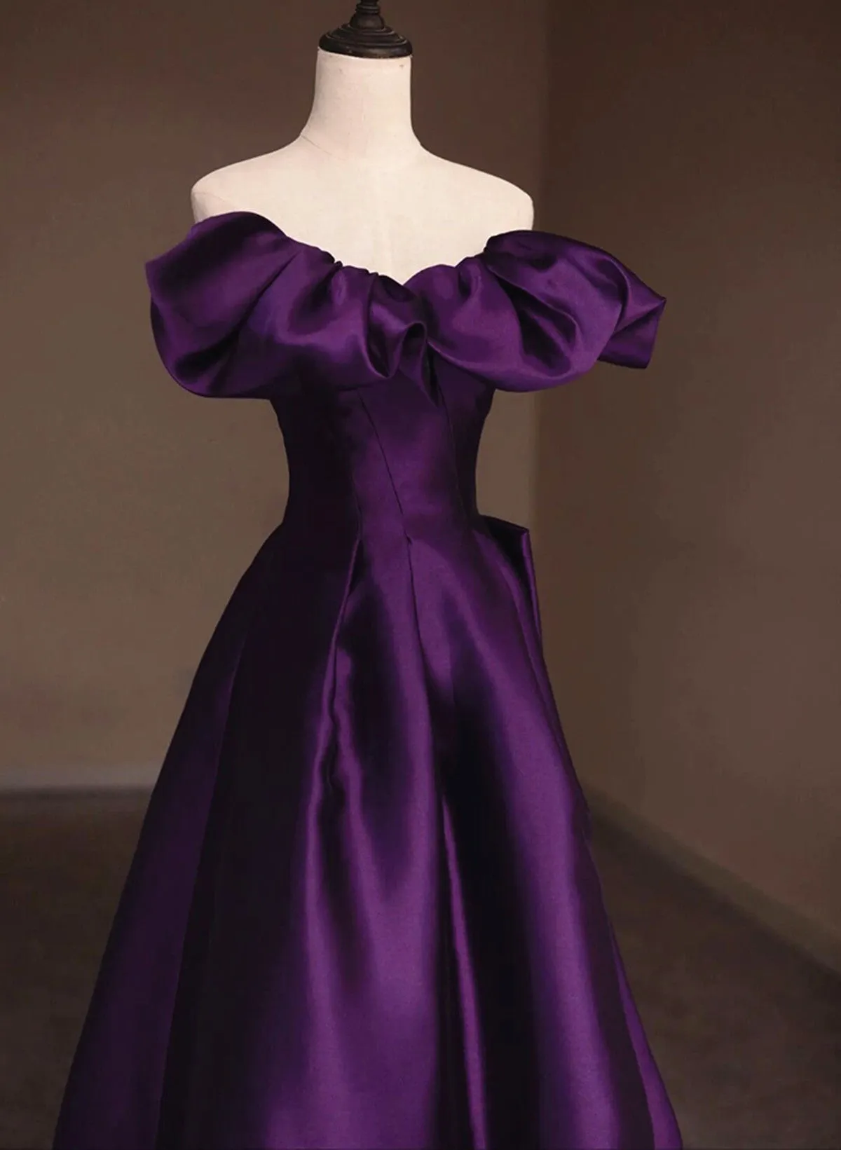 Solvbao Dark Purple Satin Off Shoulder Long Prom Dress, Purple Satin Evening Dress