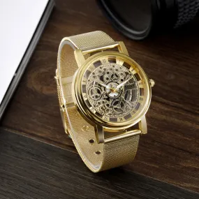 SOXY Luxury Skeleton Watch Fashion Gold Watch Men Business Watches Steel Mesh Quartz Watch Hour relogio masculino reloj hombre