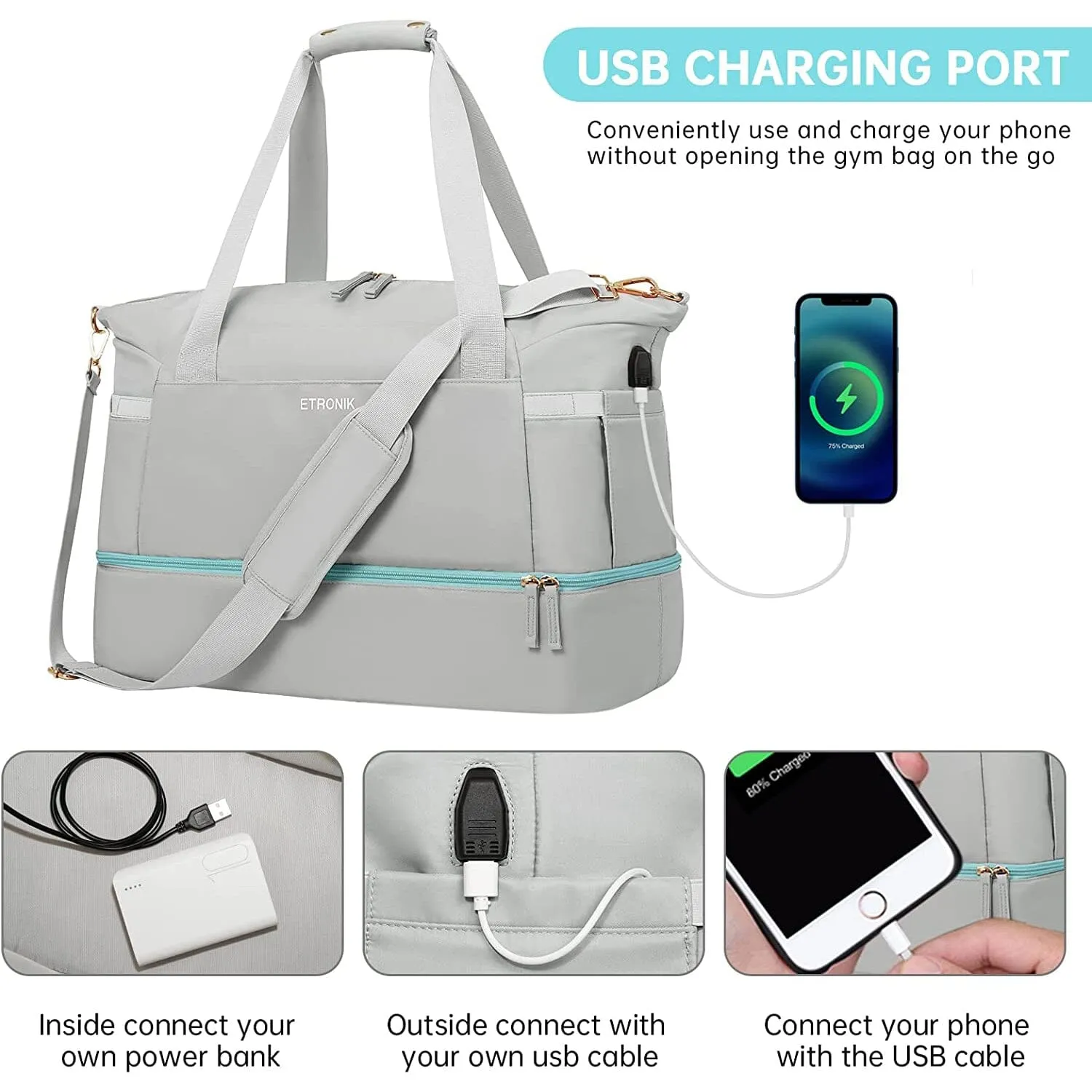 Sports Travel Duffel Bag with USB Charging Port