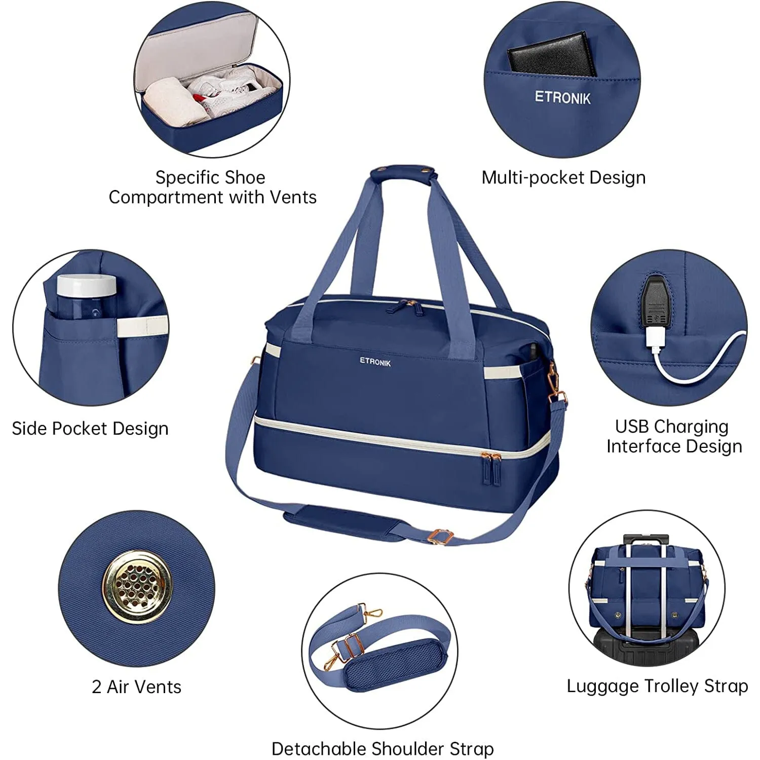 Sports Travel Duffel Bag with USB Charging Port