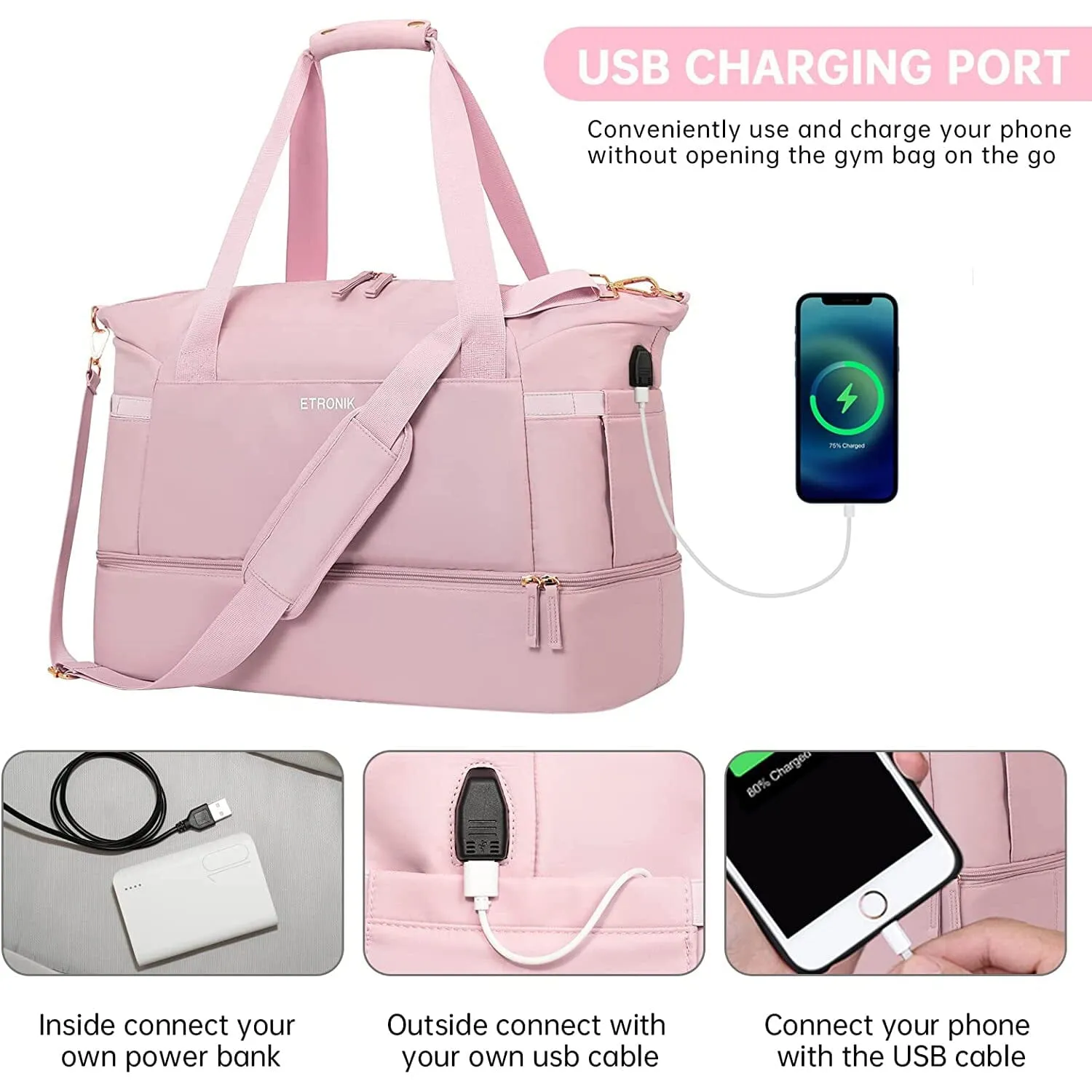 Sports Travel Duffel Bag with USB Charging Port