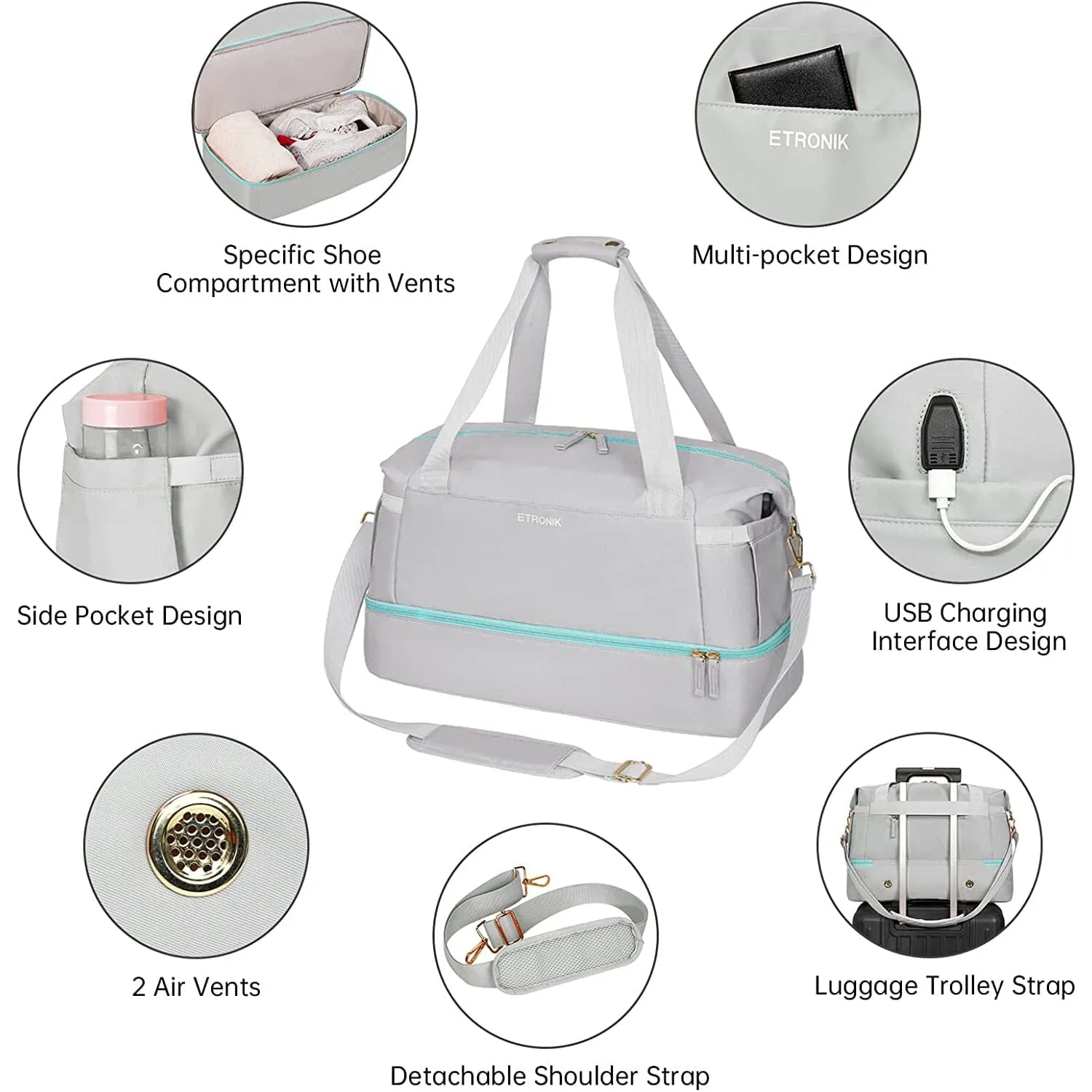 Sports Travel Duffel Bag with USB Charging Port