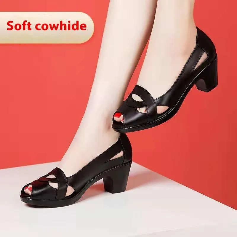 Stylish Chunky Heel Peep Toe Velcro Sandals with Soft Rubber Sole